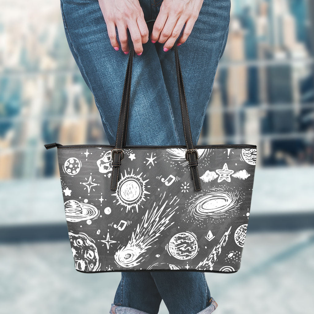 Black White Galaxy Outer Space Print Leather Tote Bag