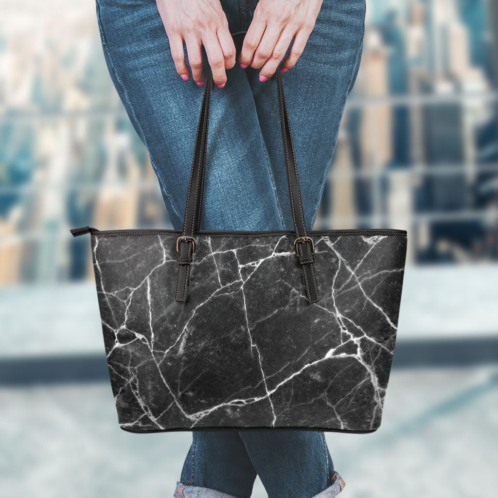 Black White Grunge Marble Print Leather Tote Bag