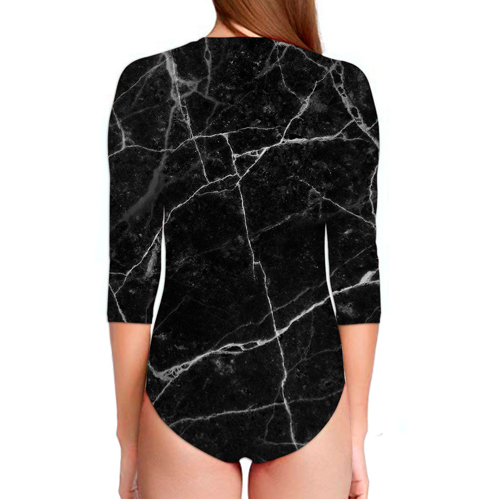 Black White Grunge Marble Print Long Sleeve Swimsuit