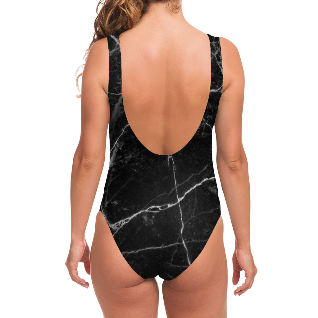 Black White Grunge Marble Print One Piece Swimsuit