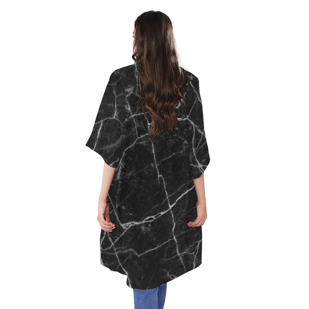 Black White Grunge Marble Print Open Front Beach Cover Up