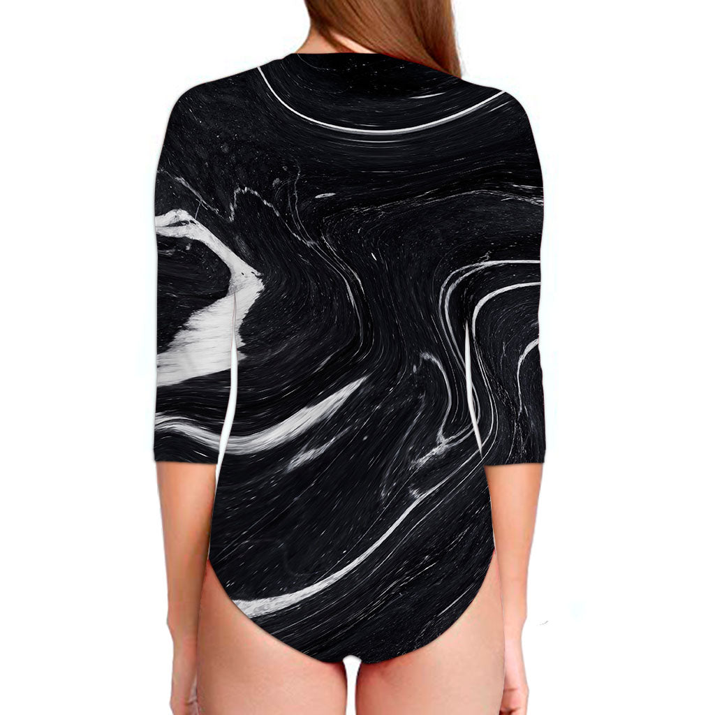 Black White Liquid Marble Print Long Sleeve Swimsuit