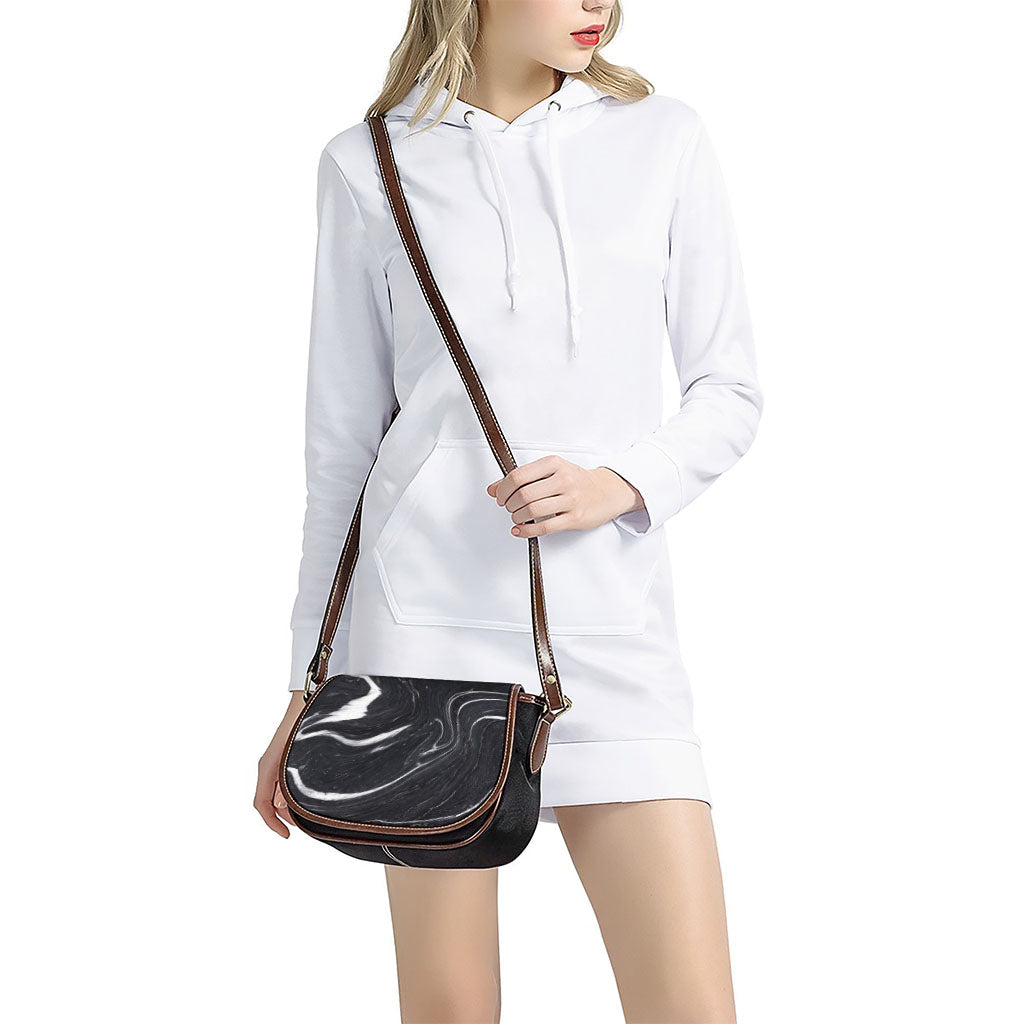 Black White Liquid Marble Print Saddle Bag