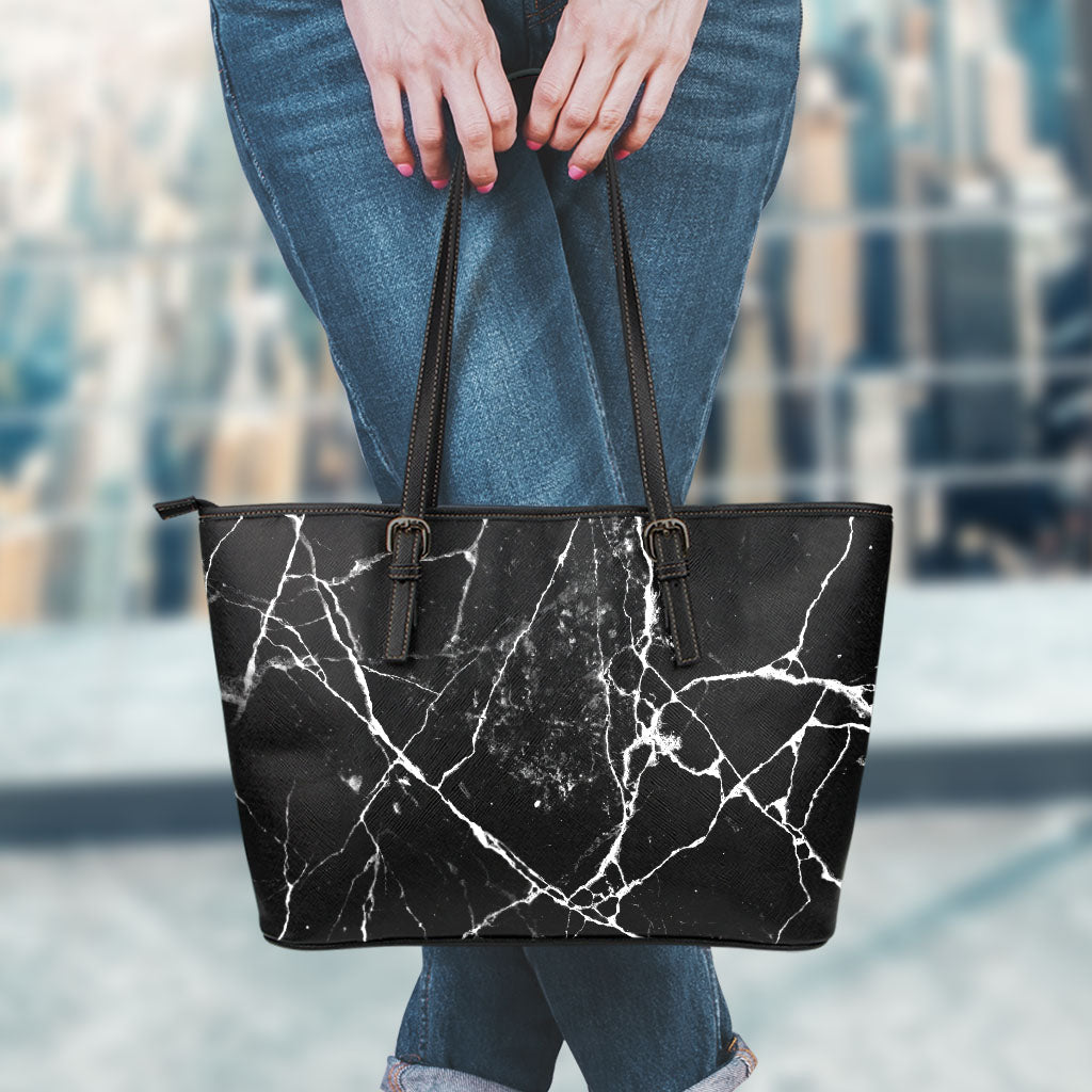 Black White Natural Marble Print Leather Tote Bag