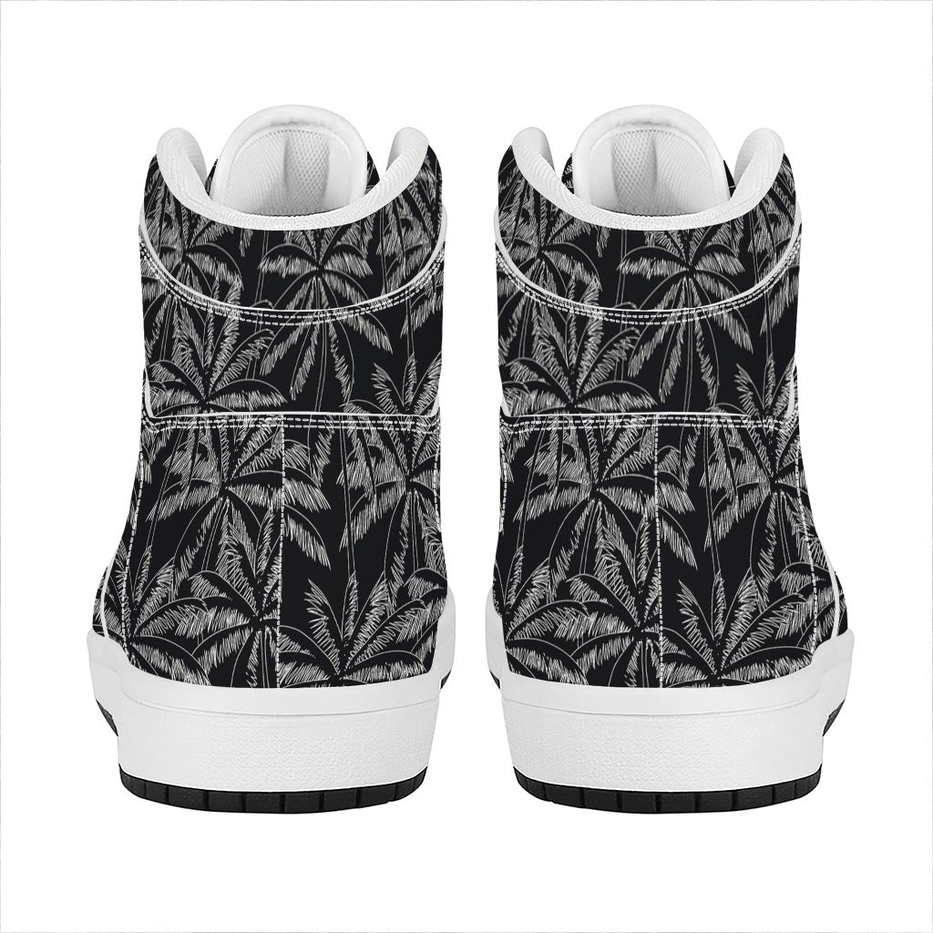 Black White Palm Tree Pattern Print High Top Leather Sneakers