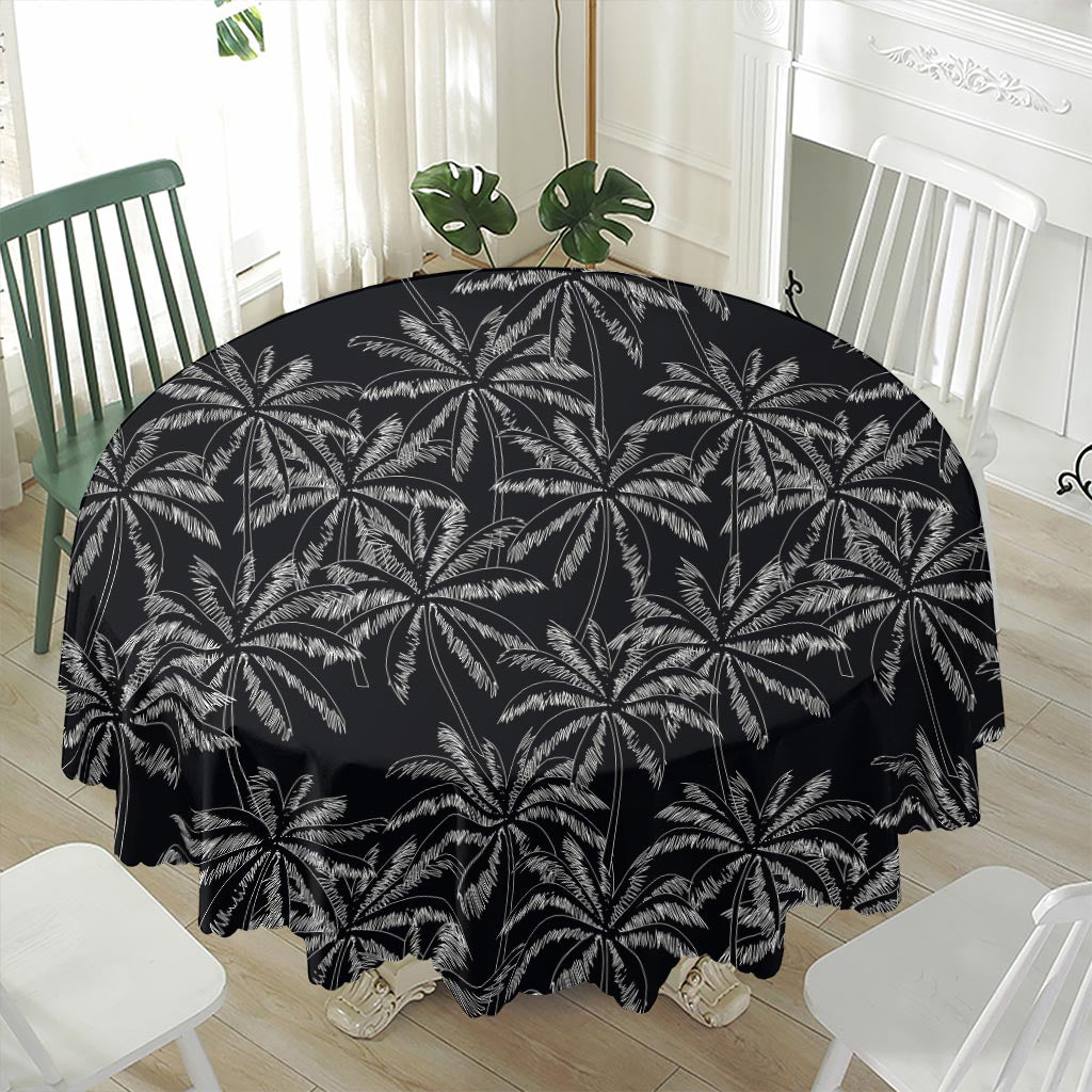 Black White Palm Tree Pattern Print Waterproof Round Tablecloth