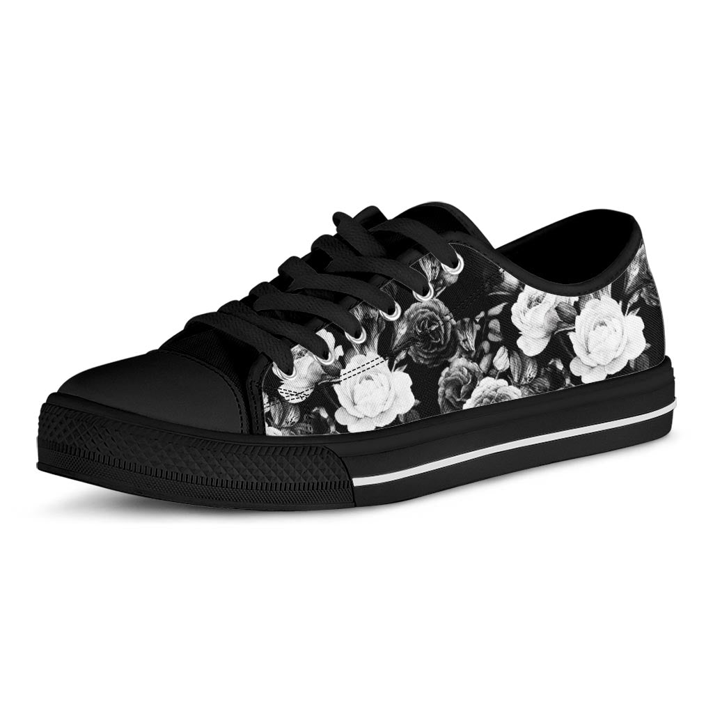 Black White Rose Floral Pattern Print Black Low Top Sneakers