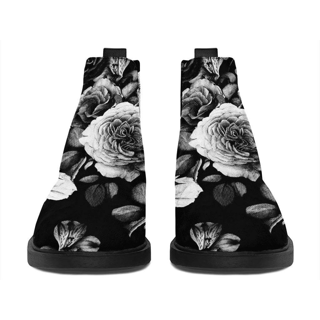 Black White Rose Floral Pattern Print Flat Ankle Boots