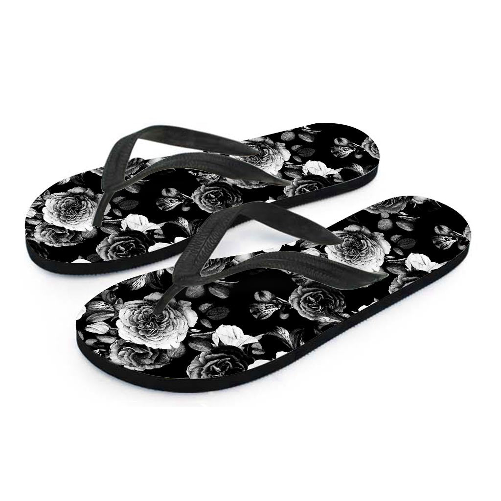 Black White Rose Floral Pattern Print Flip Flops