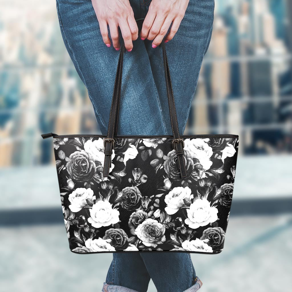 Black White Rose Floral Pattern Print Leather Tote Bag