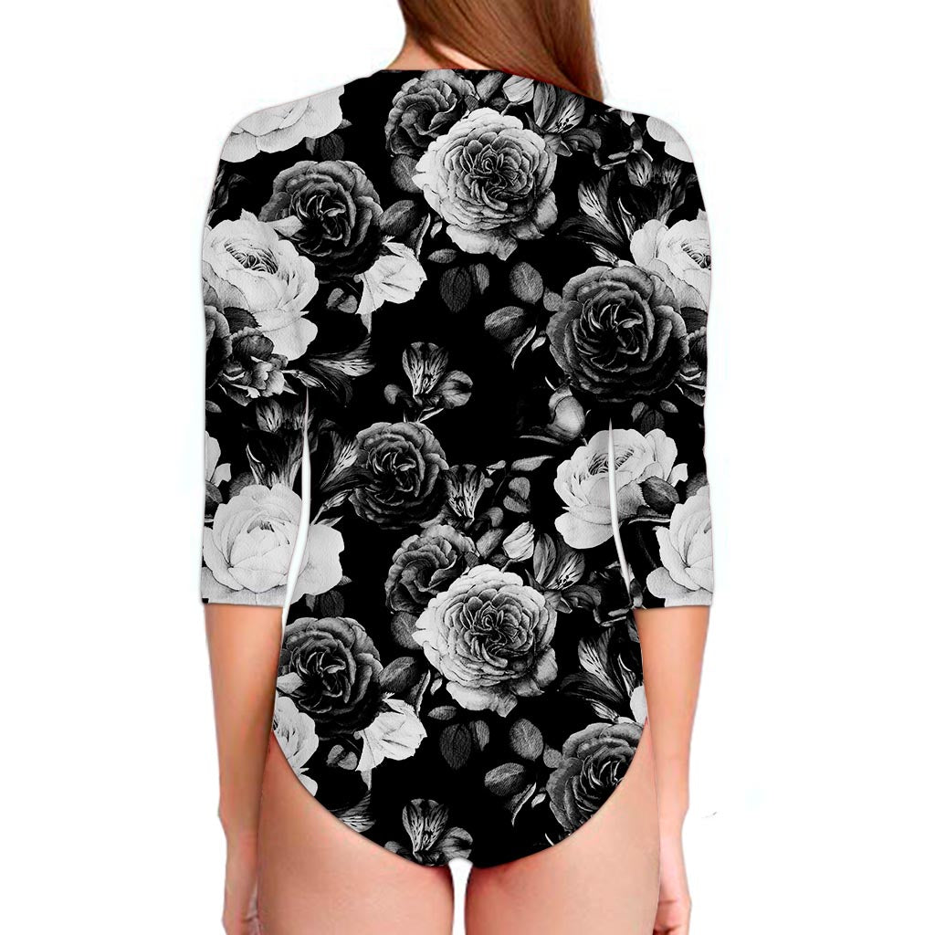 Black White Rose Floral Pattern Print Long Sleeve Swimsuit