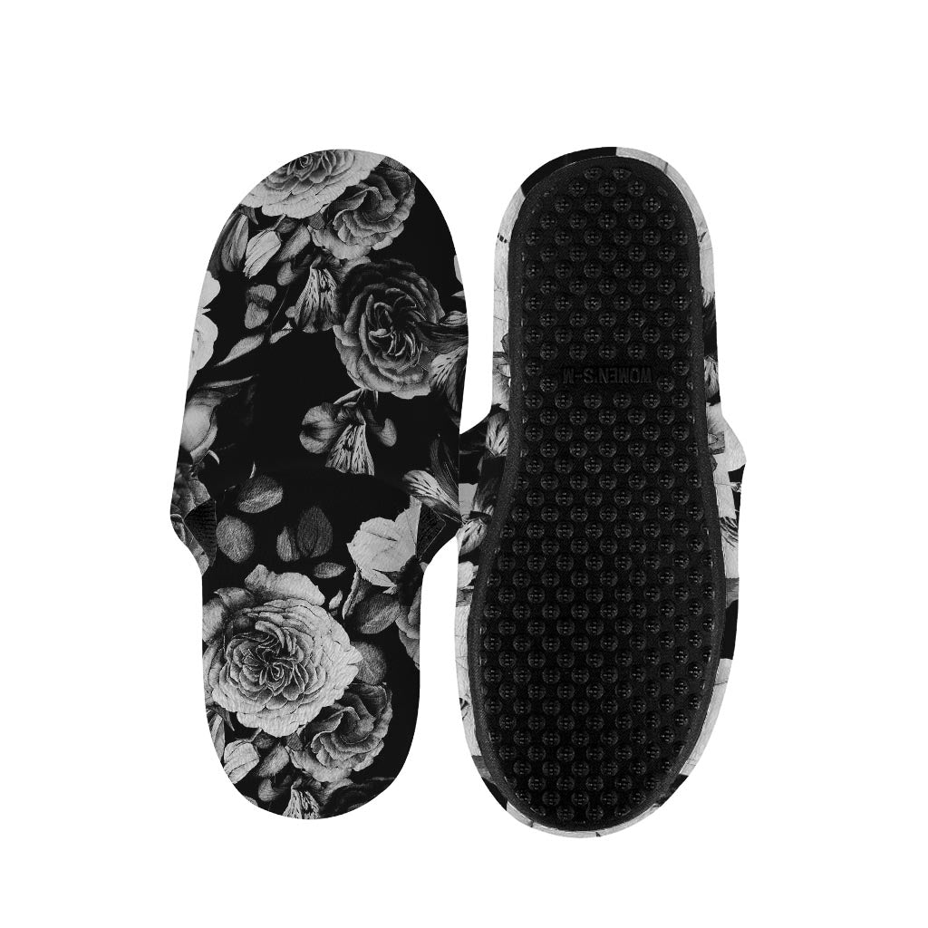 Black White Rose Floral Pattern Print Slippers