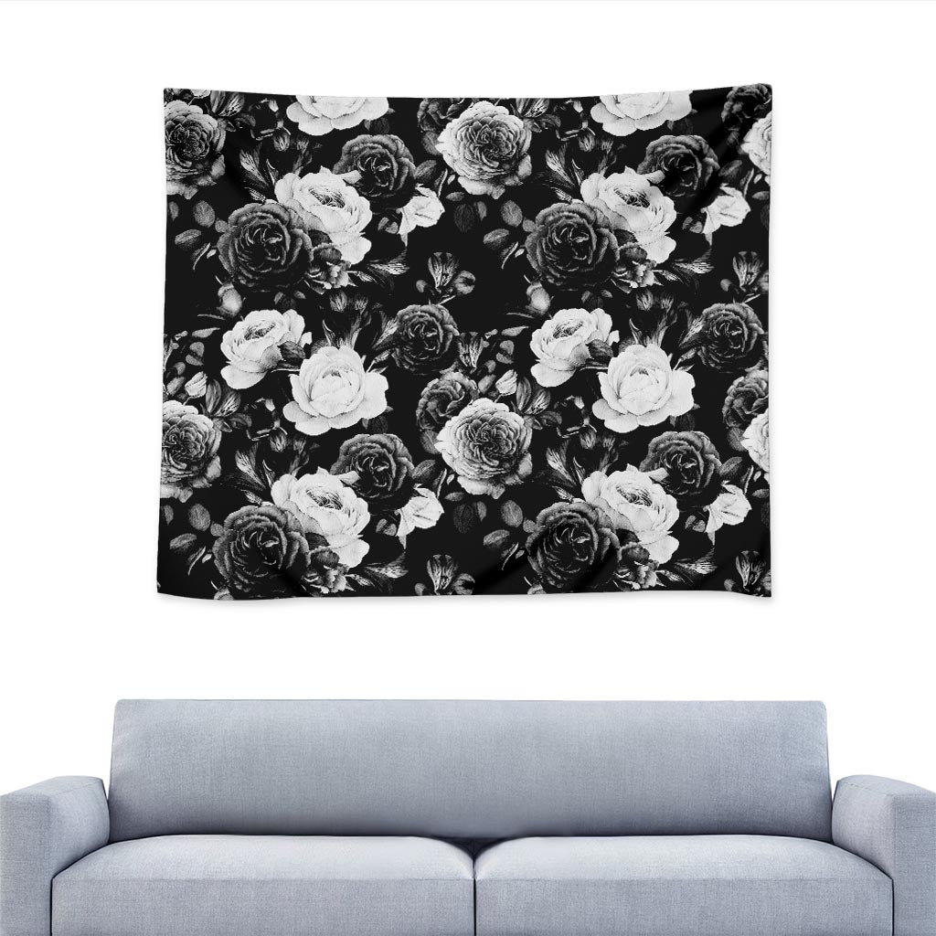Black White Rose Floral Pattern Print Tapestry