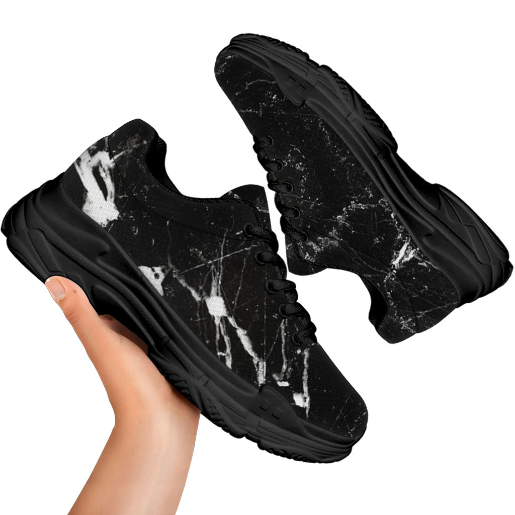 Black White Scratch Marble Print Black Chunky Shoes