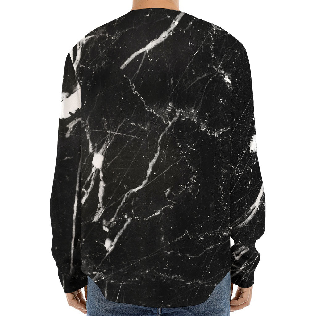 Black White Scratch Marble Print Long Sleeve Baseball Jersey