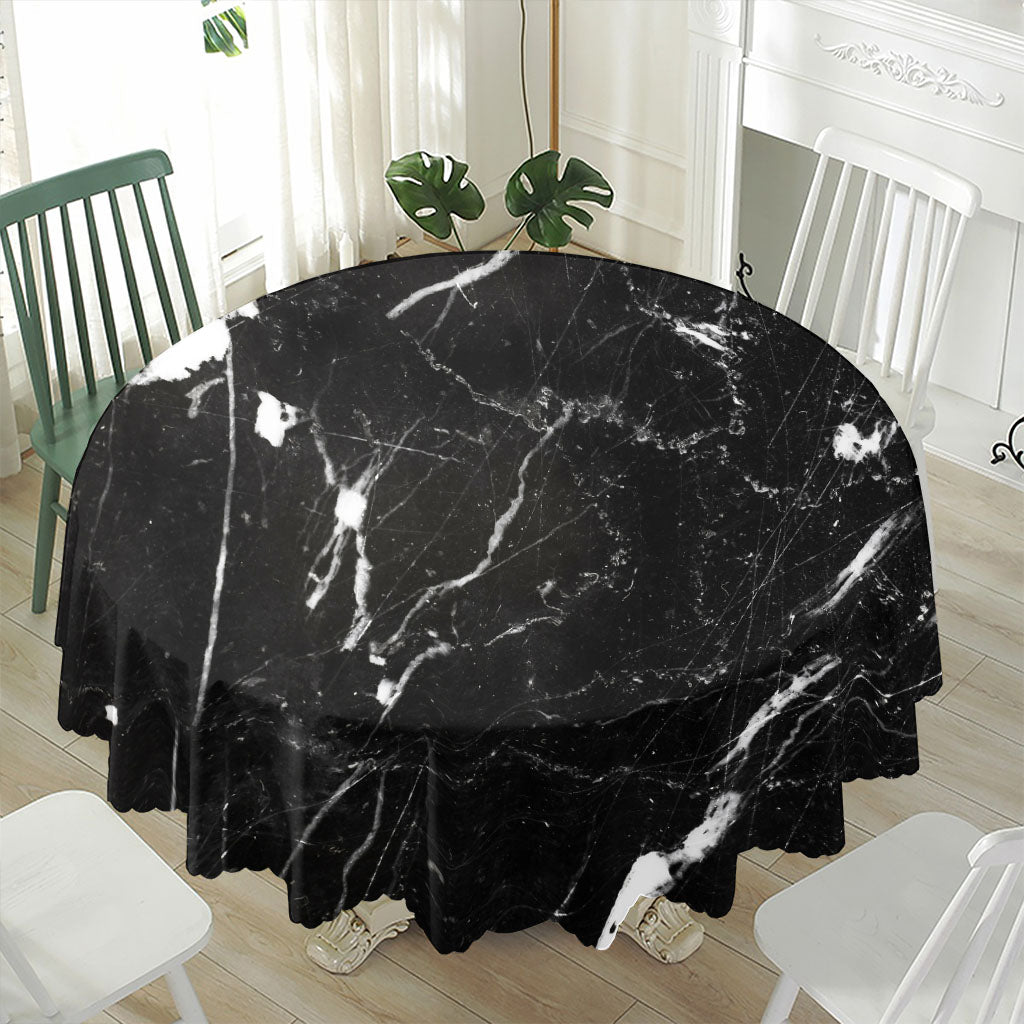 Black White Scratch Marble Print Waterproof Round Tablecloth