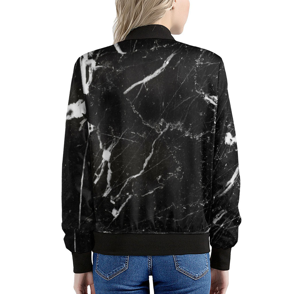 Black White Scratch Marble Print Women's Bomber Jacket