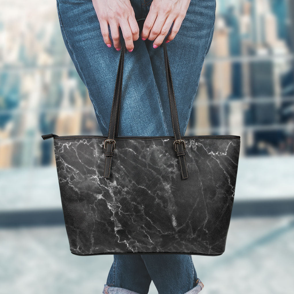 Black White Smoke Marble Print Leather Tote Bag