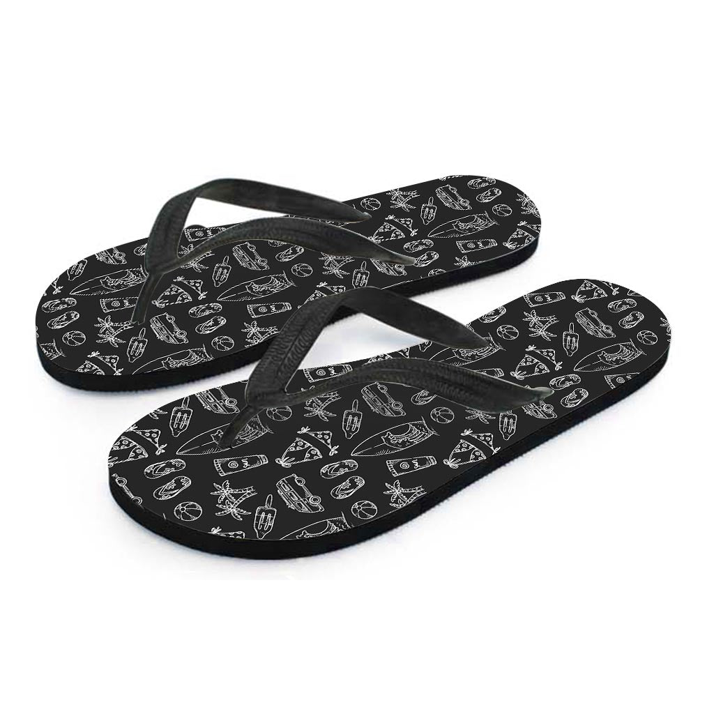 Black White Surfing Pattern Print Flip Flops