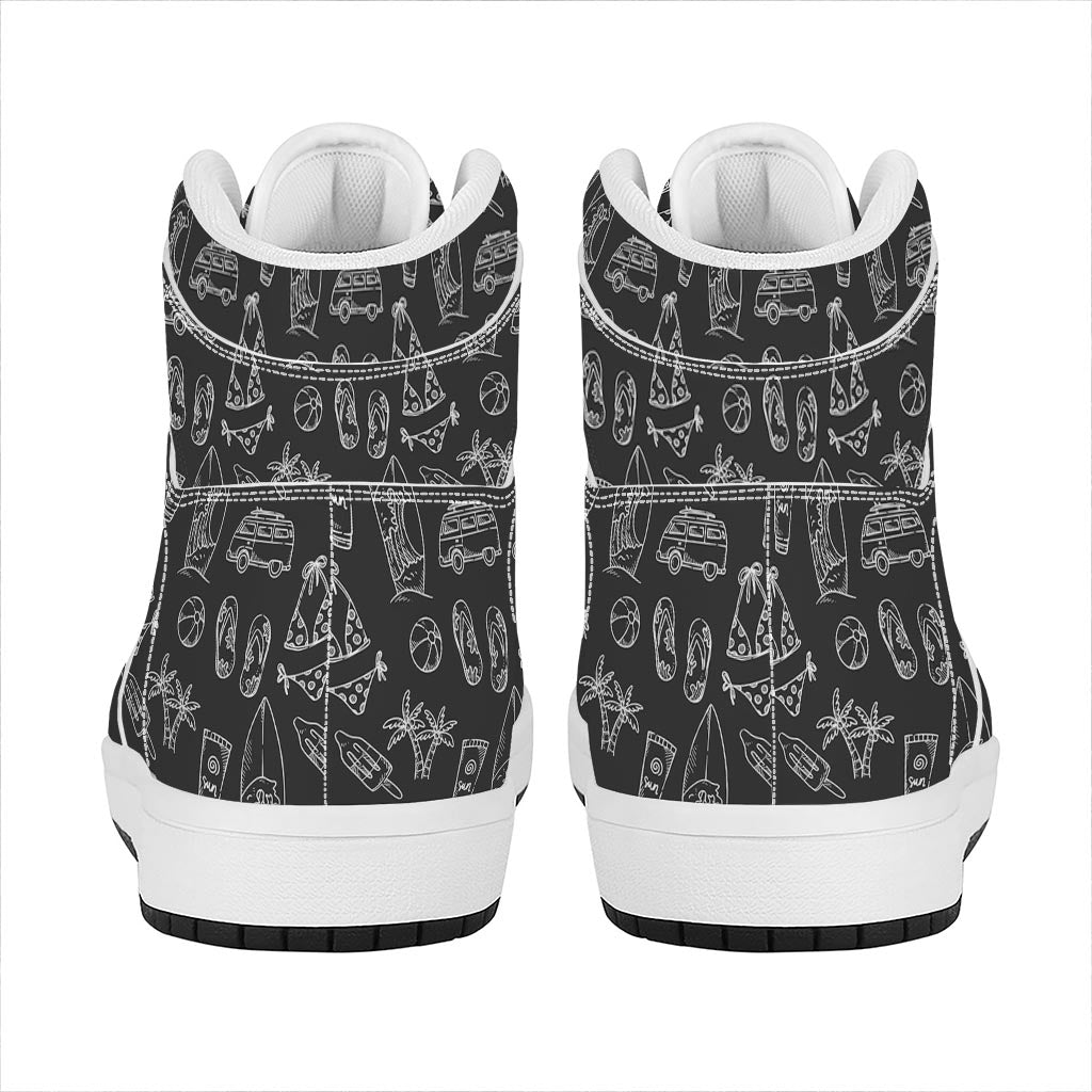 Black White Surfing Pattern Print High Top Leather Sneakers