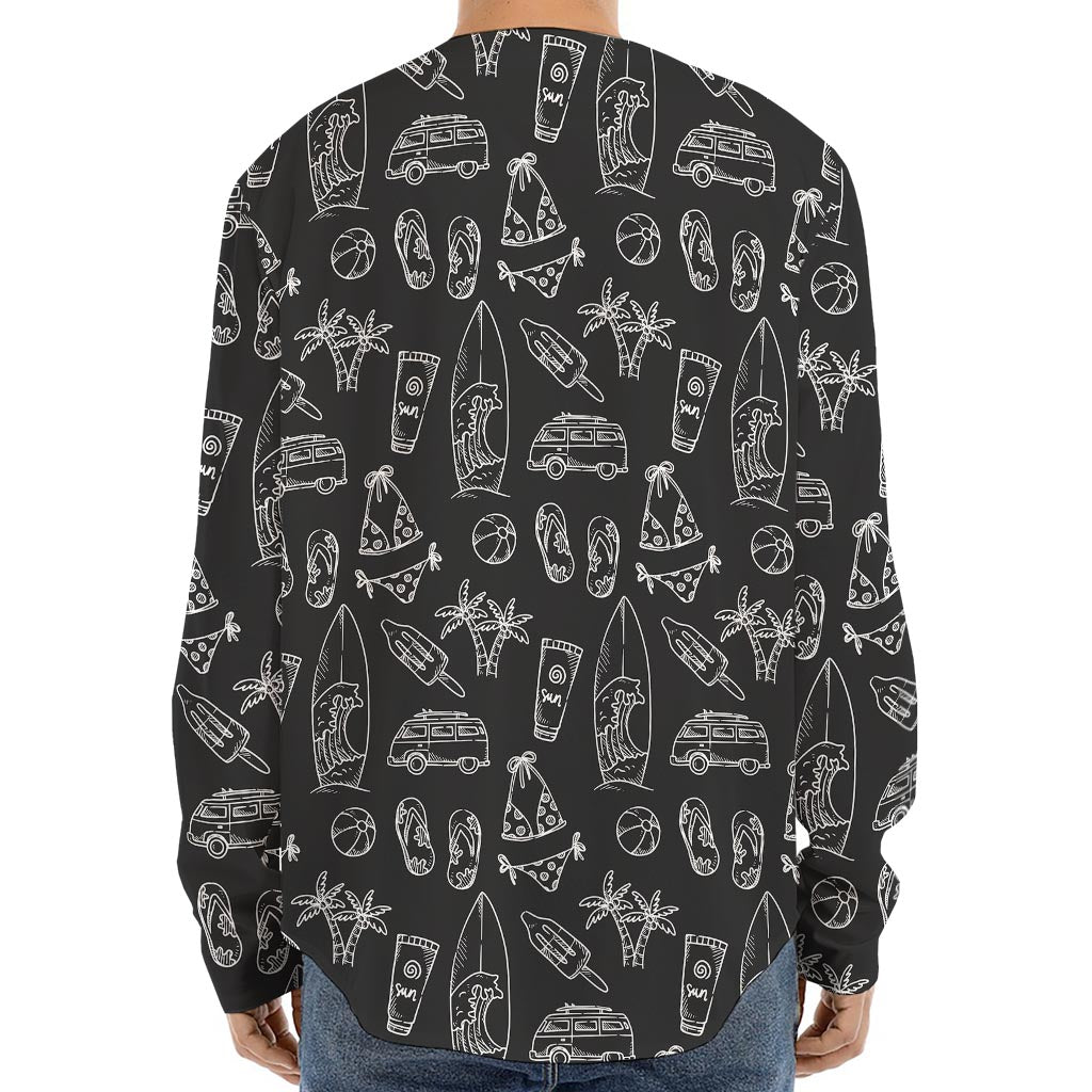 Black White Surfing Pattern Print Long Sleeve Baseball Jersey