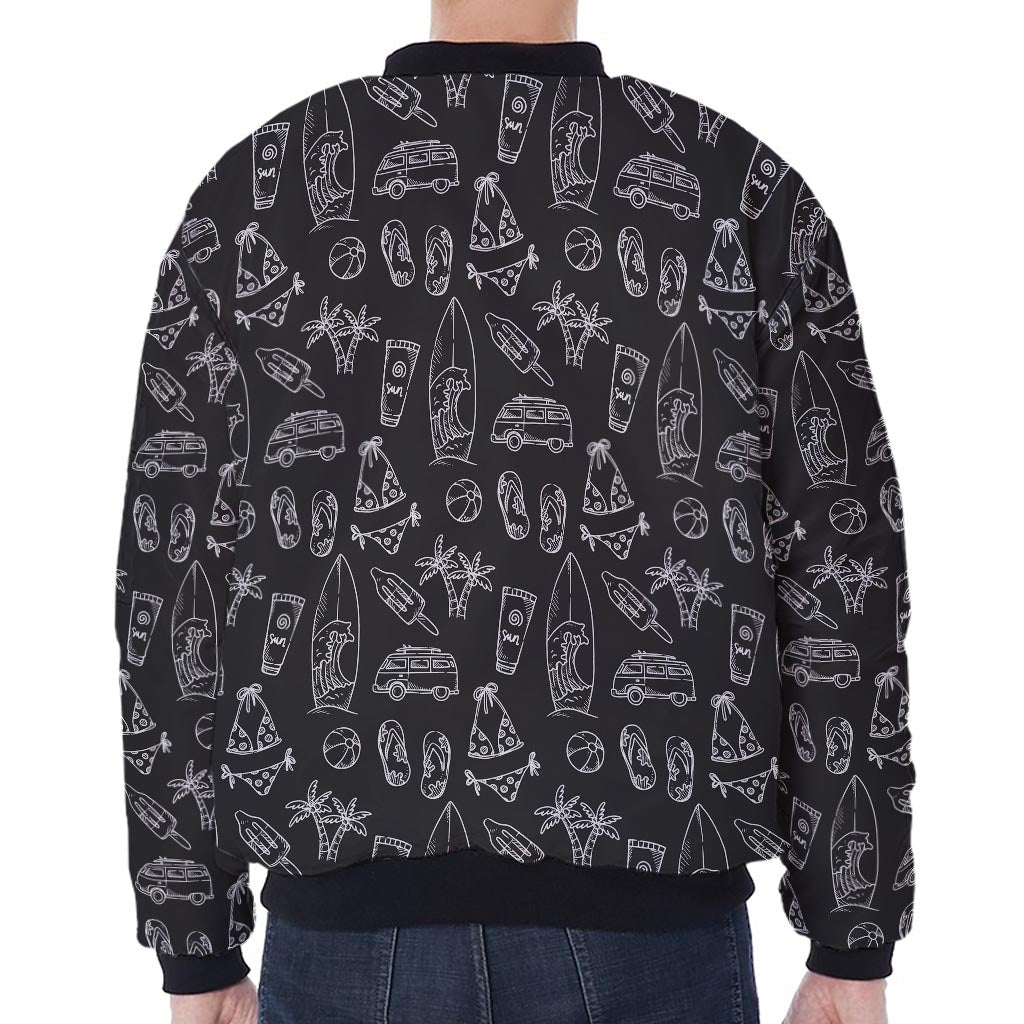 Black White Surfing Pattern Print Zip Sleeve Bomber Jacket