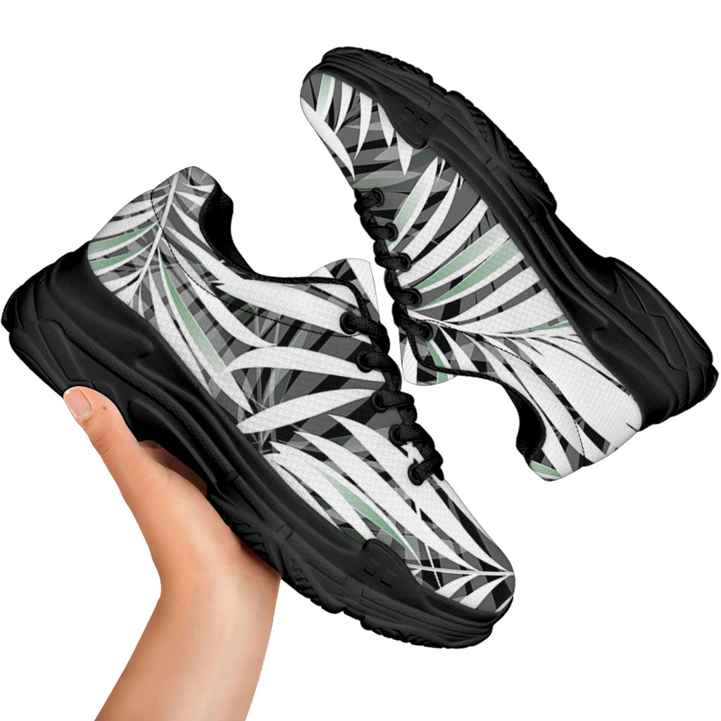 Black White Tropical Leaf Pattern Print Black Chunky Shoes
