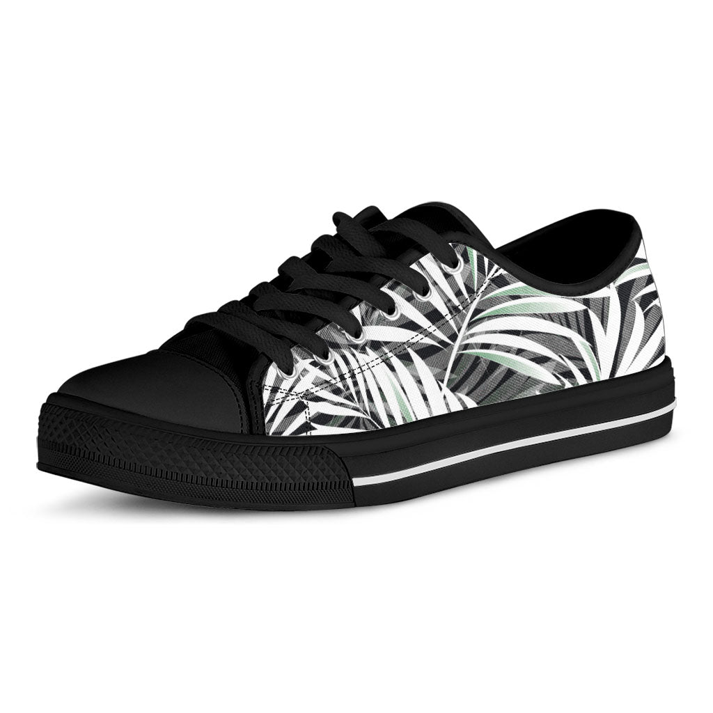 Black White Tropical Leaf Pattern Print Black Low Top Sneakers