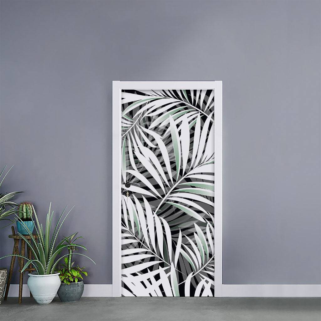 Black White Tropical Leaf Pattern Print Door Sticker