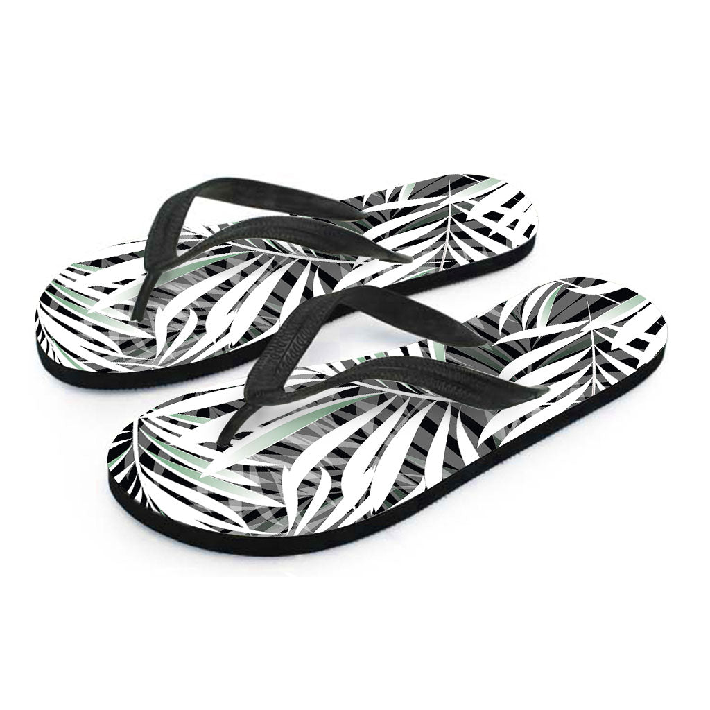 Black White Tropical Leaf Pattern Print Flip Flops