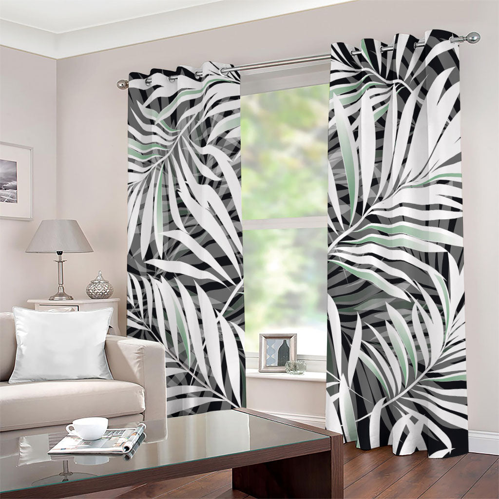 Black White Tropical Leaf Pattern Print Grommet Curtains
