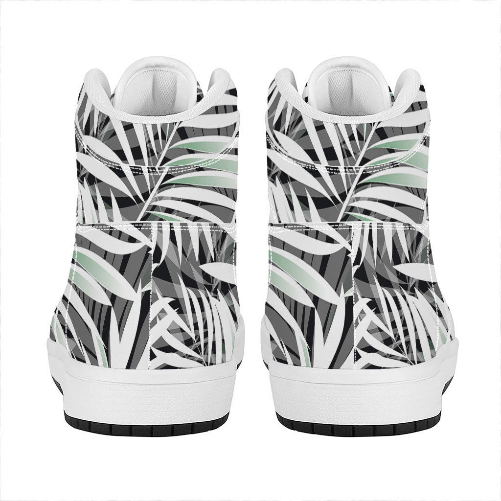 Black White Tropical Leaf Pattern Print High Top Leather Sneakers