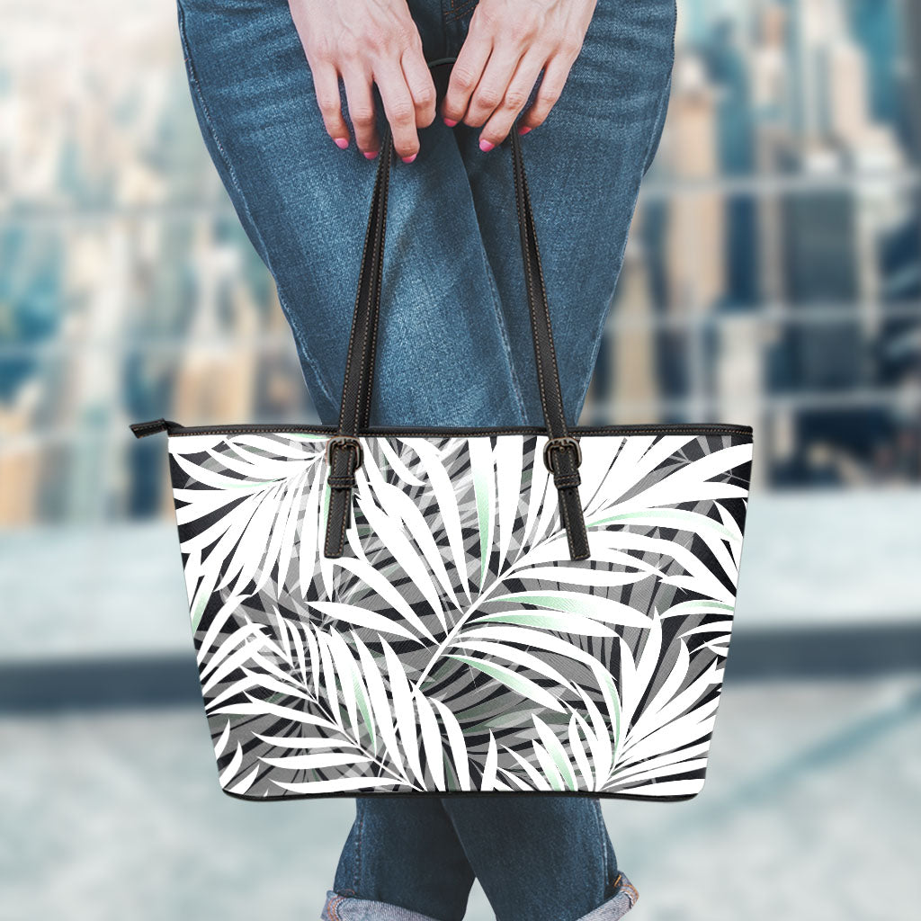 Black White Tropical Leaf Pattern Print Leather Tote Bag