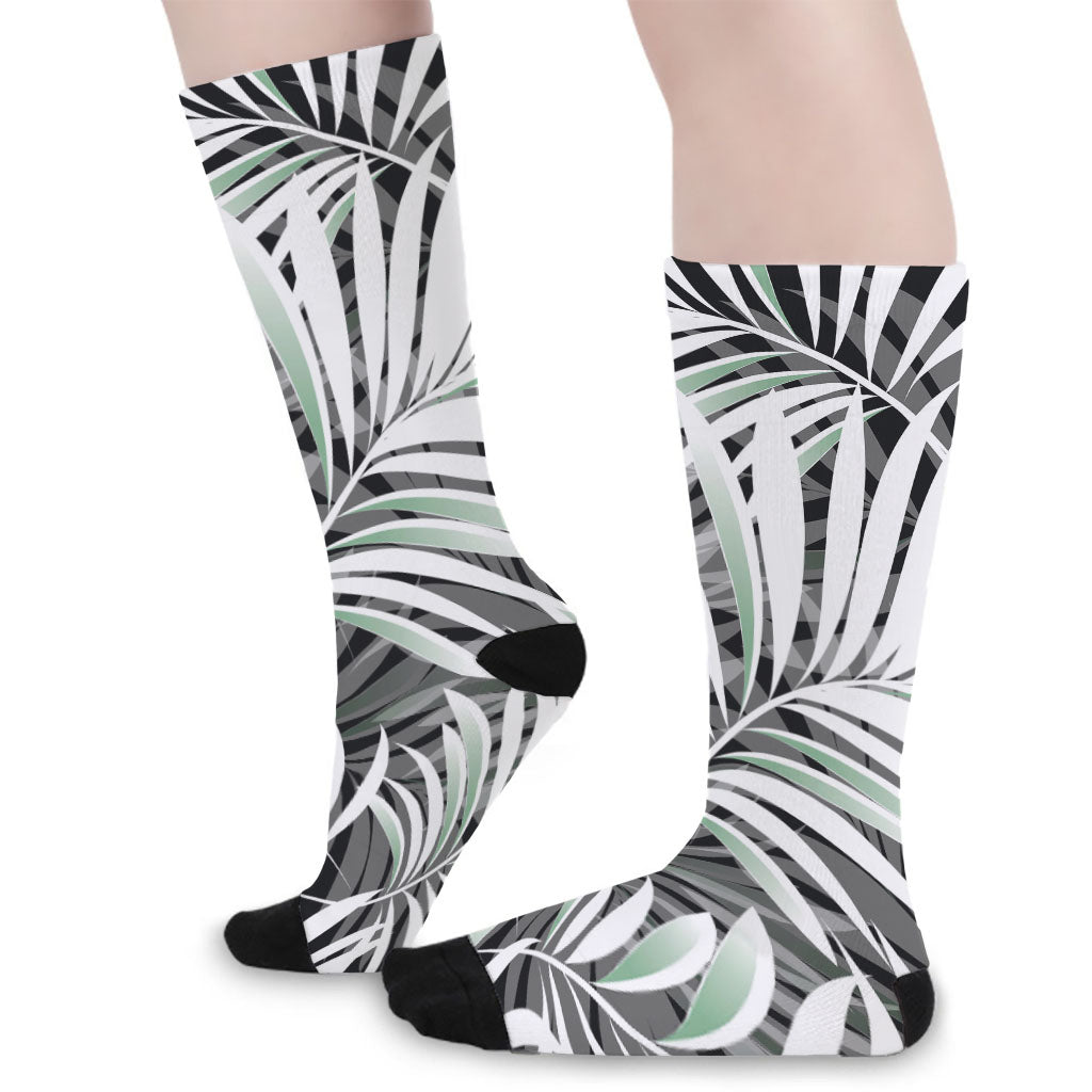 Black White Tropical Leaf Pattern Print Long Socks