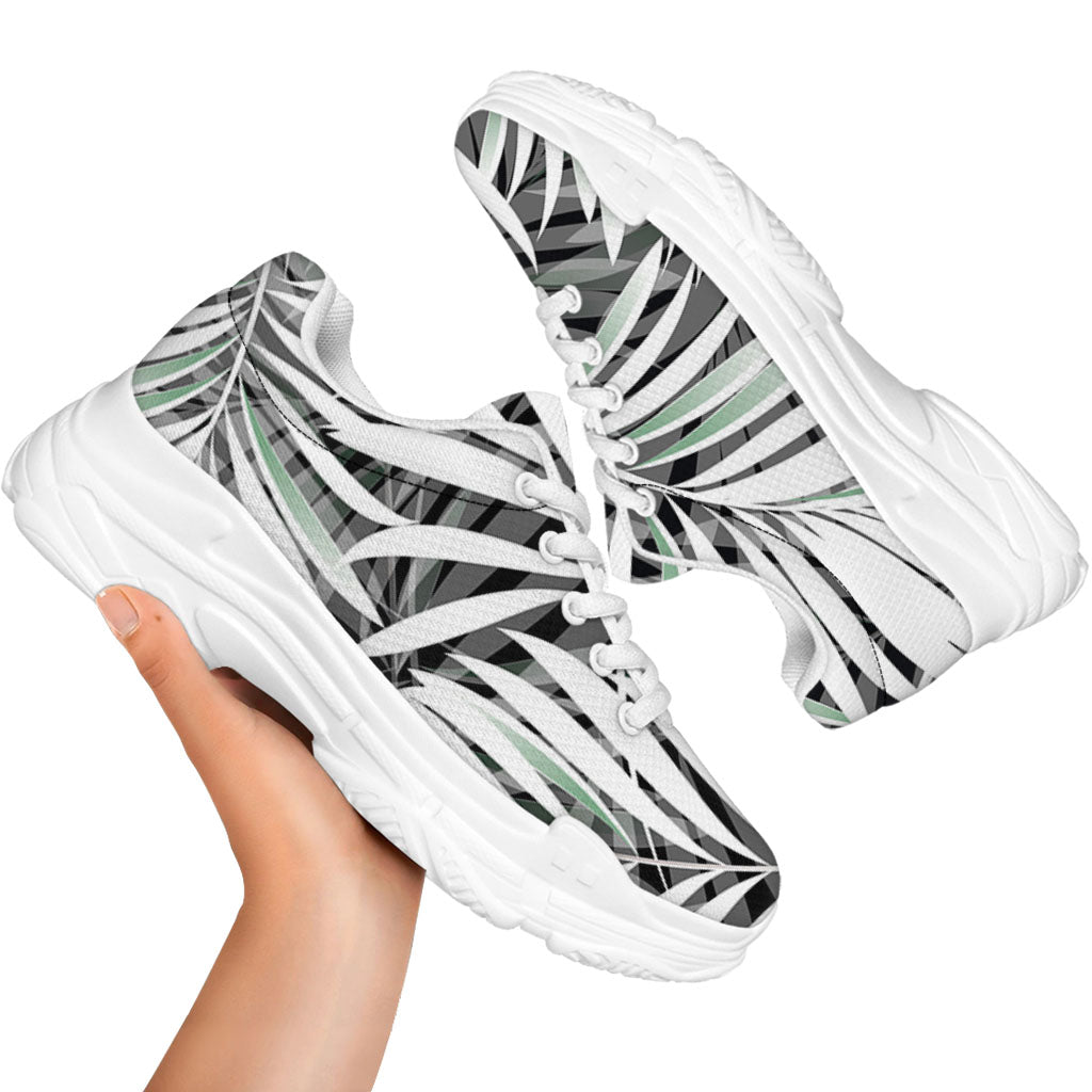 Black White Tropical Leaf Pattern Print White Chunky Shoes