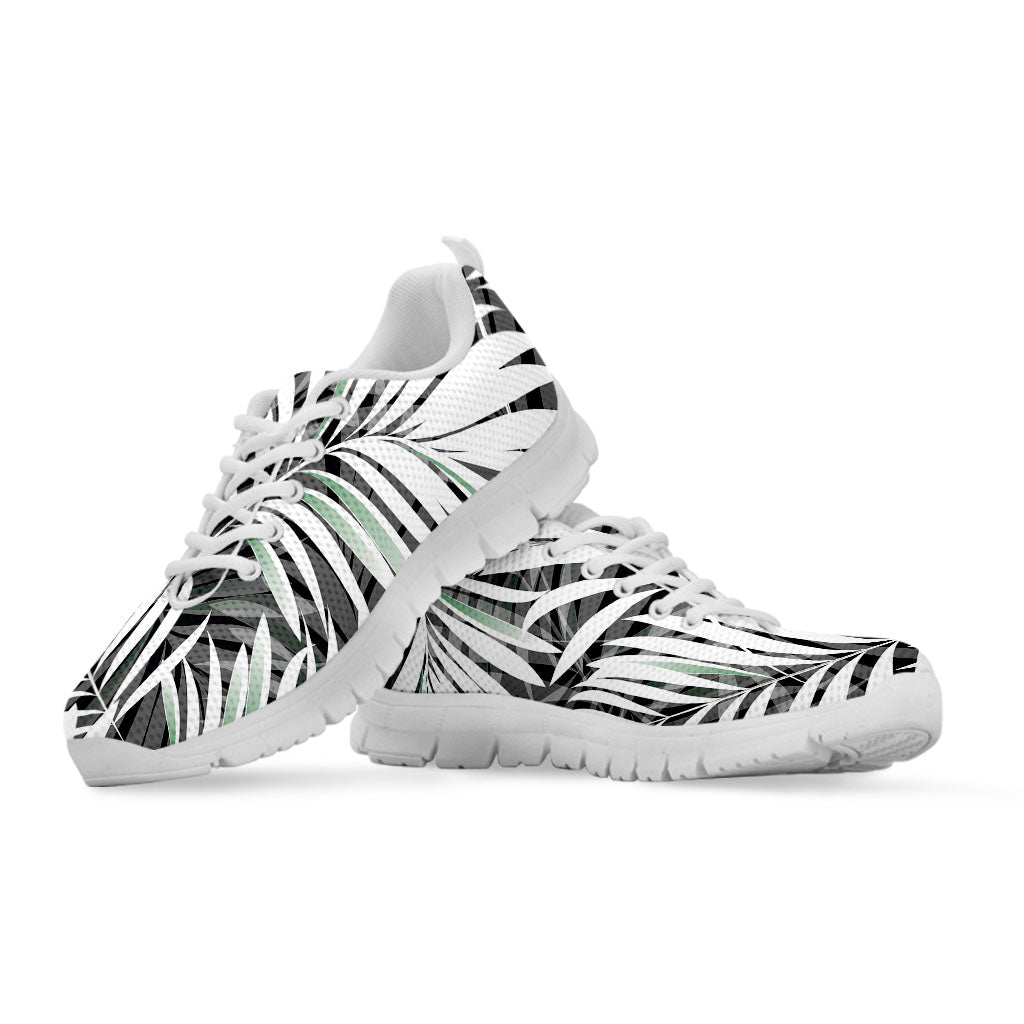 Black White Tropical Leaf Pattern Print White Running Shoes
