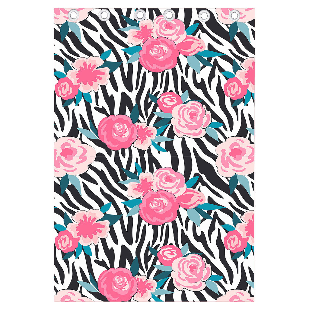 Black White Zebra Floral Pattern Print Curtain