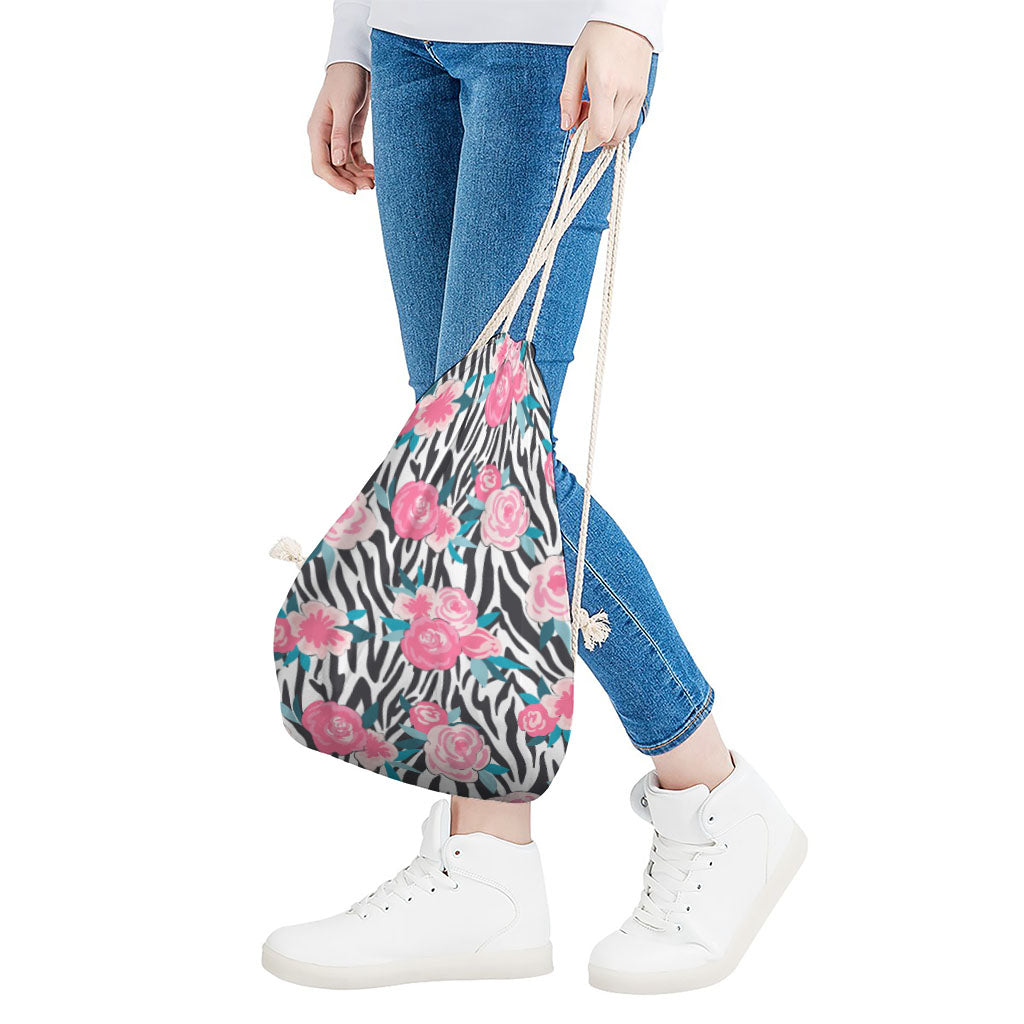 Black White Zebra Floral Pattern Print Drawstring Bag