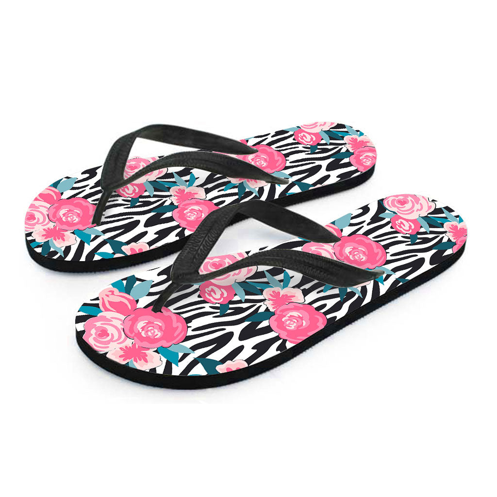Black White Zebra Floral Pattern Print Flip Flops