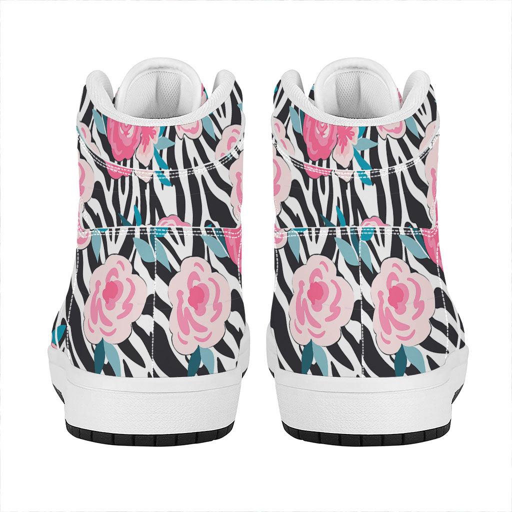 Black White Zebra Floral Pattern Print High Top Leather Sneakers