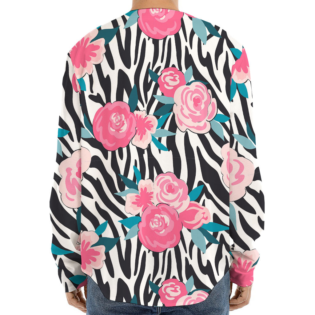 Black White Zebra Floral Pattern Print Long Sleeve Baseball Jersey