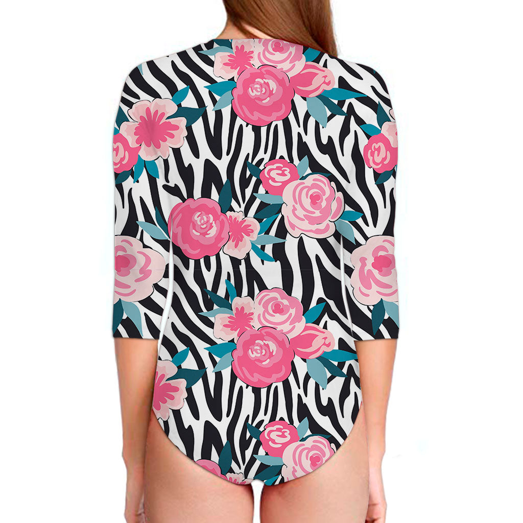 Black White Zebra Floral Pattern Print Long Sleeve Swimsuit