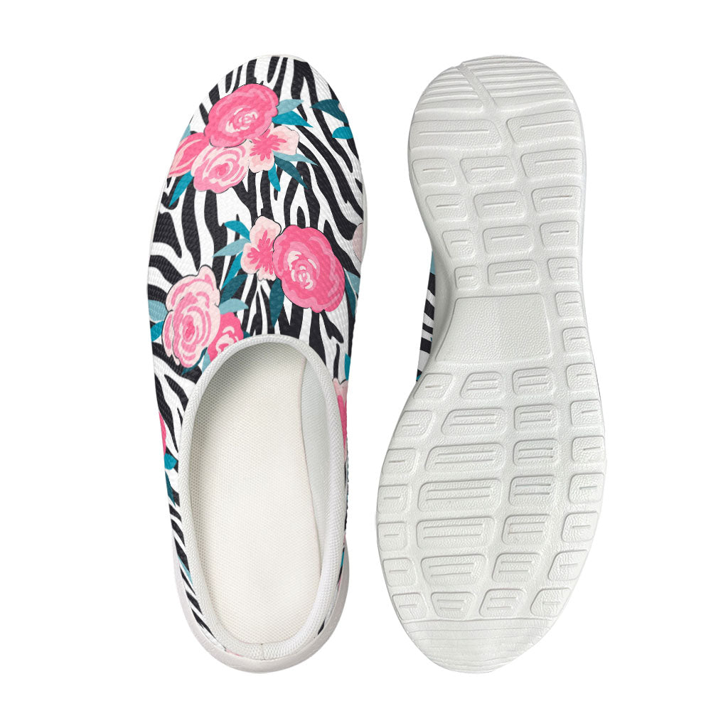 Black White Zebra Floral Pattern Print Mesh Casual Shoes