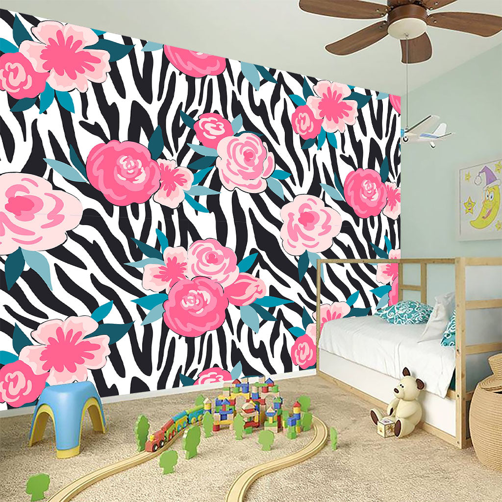 Black White Zebra Floral Pattern Print Wall Sticker