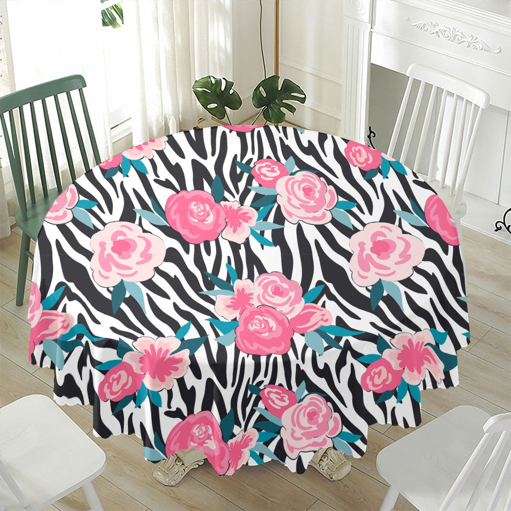 Black White Zebra Floral Pattern Print Waterproof Round Tablecloth