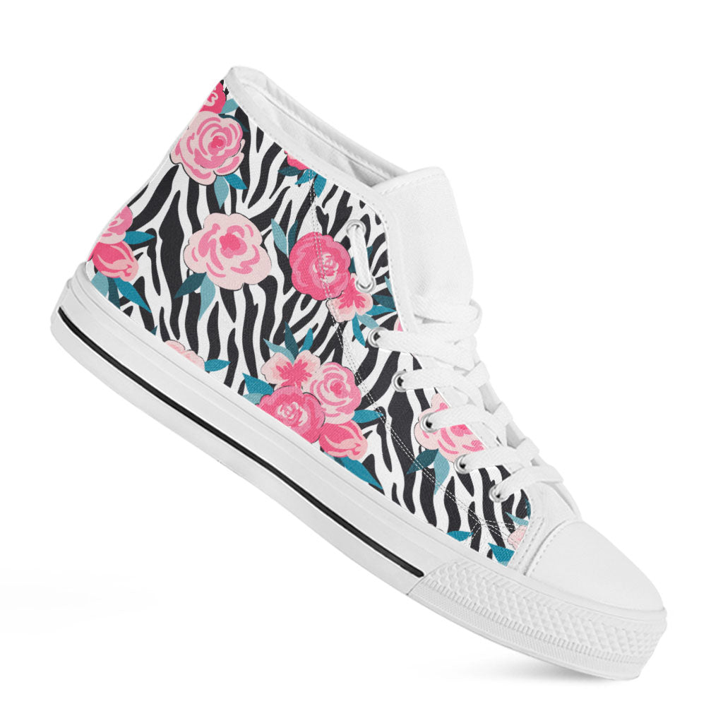 Black White Zebra Floral Pattern Print White High Top Sneakers
