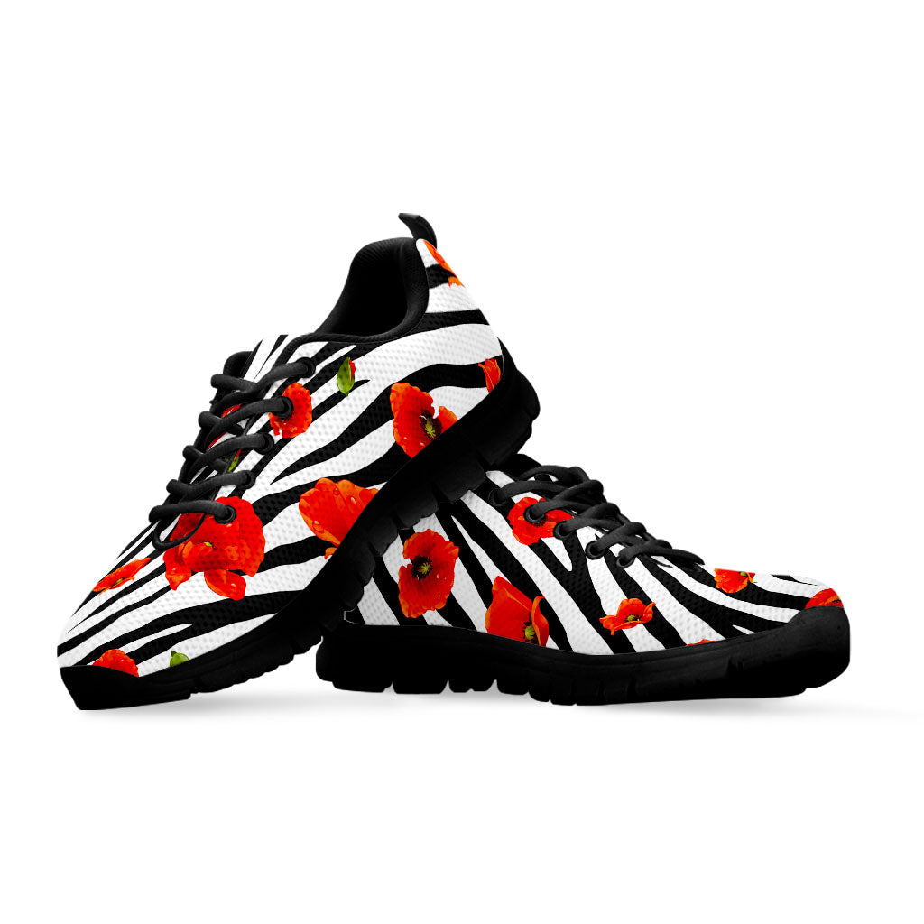 Black White Zebra Flower Pattern Print Black Running Shoes