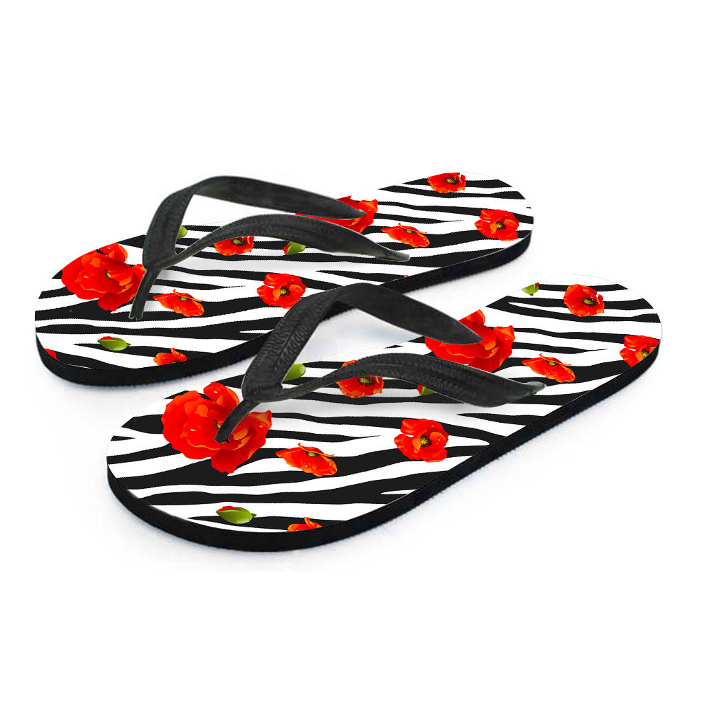 Black White Zebra Flower Pattern Print Flip Flops