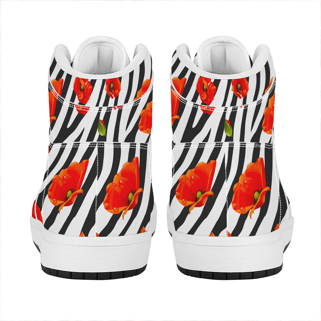 Black White Zebra Flower Pattern Print High Top Leather Sneakers