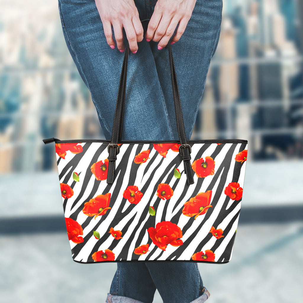 Black White Zebra Flower Pattern Print Leather Tote Bag